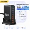 Chargeur GaN 320W de Bureau 8 Ports USB-C et USB-A avec Support – Charge Rapide PD/QC – Prise EU