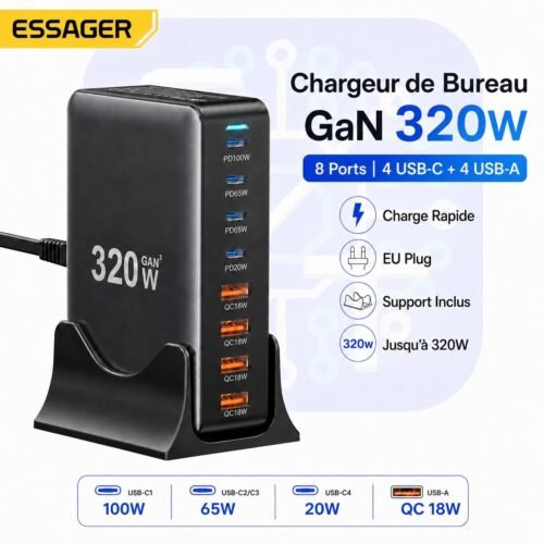 Chargeur GaN 320W de Bureau 8 Ports USB-C et USB-A avec Support – Charge Rapide PD/QC – Prise EU