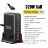 Chargeur GaN 320W de Bureau 8 Ports USB-C et USB-A avec Support – Charge Rapide PD/QC – Prise EU