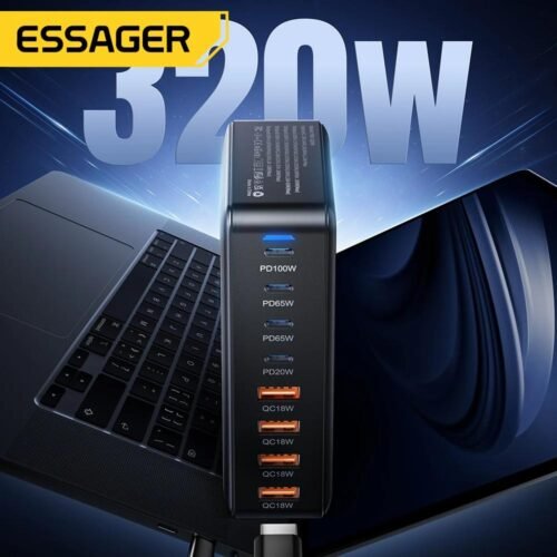 Chargeur GaN 320W de Bureau 8 Ports USB-C et USB-A avec Support – Charge Rapide PD/QC – Prise EU