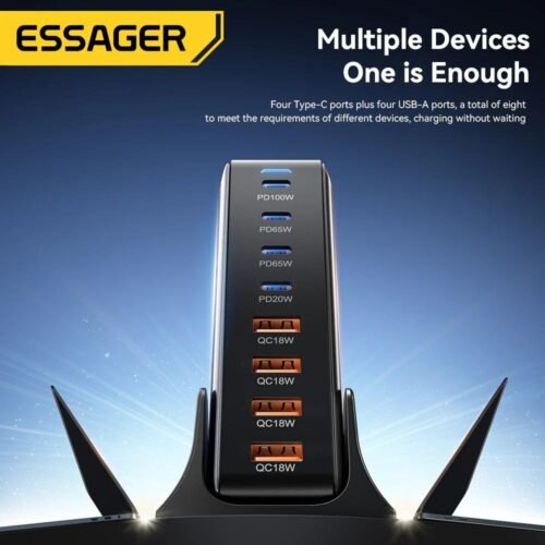Chargeur GaN 320W de Bureau 8 Ports USB-C et USB-A avec Support – Charge Rapide PD/QC – Prise EU