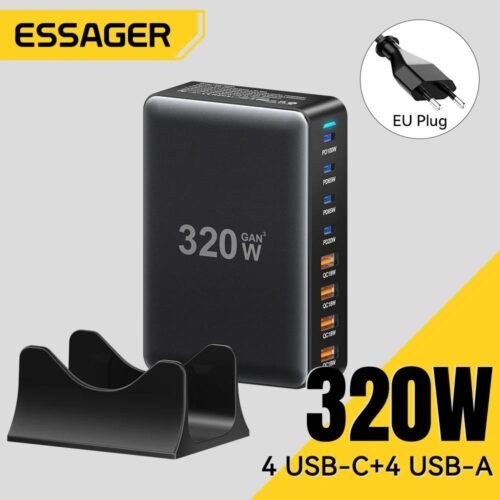 Chargeur GaN 320W de Bureau 8 Ports USB-C et USB-A avec Support – Charge Rapide PD/QC – Prise EU