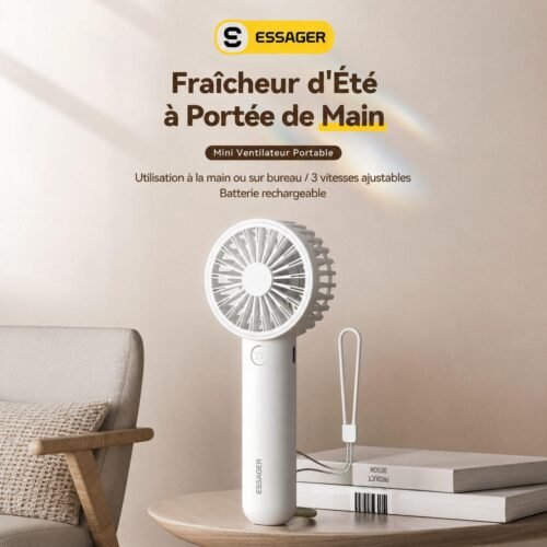 Mini ventilateur portable rechargeable USB-C 3 vitesses, usage main et bureau, blanc