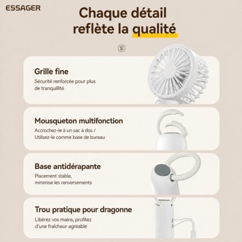 Mini ventilateur portable rechargeable USB-C 3 vitesses, usage main et bureau, blanc