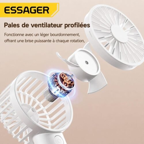 Mini ventilateur portable rechargeable USB-C 3 vitesses, usage main et bureau, blanc