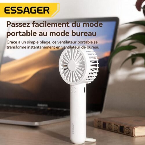 Mini ventilateur portable rechargeable USB-C 3 vitesses, usage main et bureau, blanc