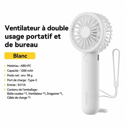 Mini ventilateur portable rechargeable USB-C 3 vitesses, usage main et bureau, blanc