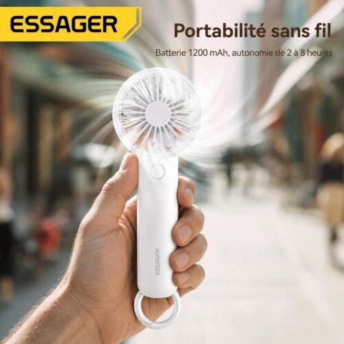 Mini ventilateur portable rechargeable USB-C 3 vitesses, usage main et bureau, blanc