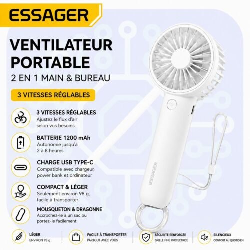 Mini ventilateur portable rechargeable USB-C 3 vitesses, usage main et bureau, blanc