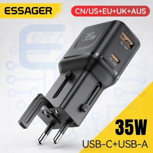 Chargeur de Voyage International 35W GaN USB-C PD + USB-A QC avec Adaptateur Universel