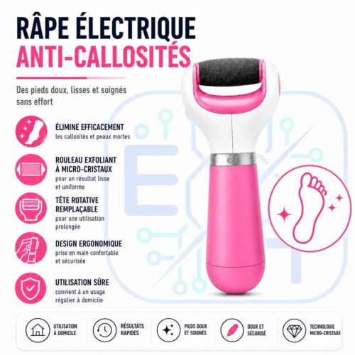 Râpe Électrique pour Pieds Anti-Callosités avec Rouleau Exfoliant en Cristaux – Élimination des Peaux Mortes