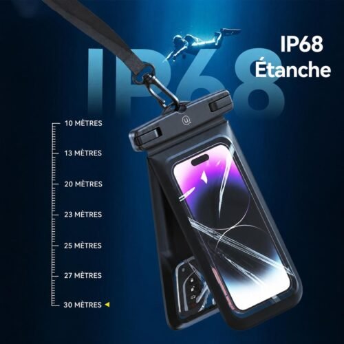 Pochette étanche double poche pour téléphone 7 pouces IP68 avec dragonne amovible – Protection waterproof pour plage et piscine