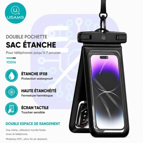 Pochette étanche double poche pour téléphone 7 pouces IP68 avec dragonne amovible – Protection waterproof pour plage et piscine