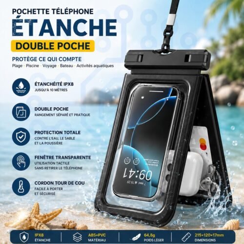 Pochette Téléphone Étanche IPX8 Double Poche – Housse Waterproof 10 m pour Plage, Piscine et Voyage