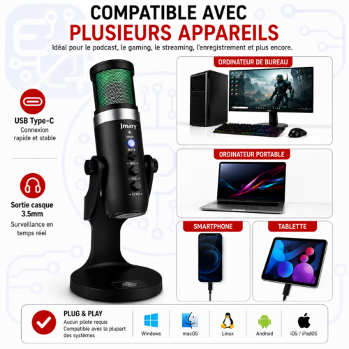 Microphone USB RGB MC-PW9 avec Réduction du Bruit, Sortie Casque 3.5 mm pour Streaming, Podcast, Gaming et Enregistrement