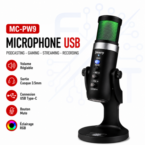 Microphone USB RGB MC-PW9 avec Réduction du Bruit, Sortie Casque 3.5 mm pour Streaming, Podcast, Gaming et Enregistrement
