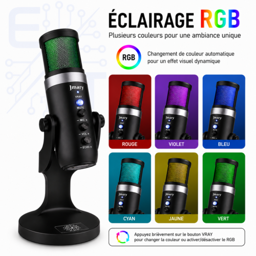 Microphone USB RGB MC-PW9 avec Réduction du Bruit, Sortie Casque 3.5 mm pour Streaming, Podcast, Gaming et Enregistrement