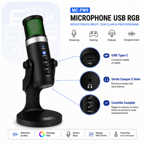 Microphone USB RGB MC-PW9 avec Réduction du Bruit, Sortie Casque 3.5 mm pour Streaming, Podcast, Gaming et Enregistrement
