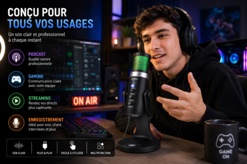 Microphone USB RGB MC-PW9 avec Réduction du Bruit, Sortie Casque 3.5 mm pour Streaming, Podcast, Gaming et Enregistrement