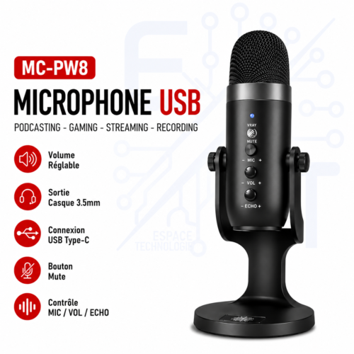 Microphone USB Professionnel MC-PW8 – Réduction du Bruit, USB Type-C, Monitoring 3.5 mm, Plug & Play
