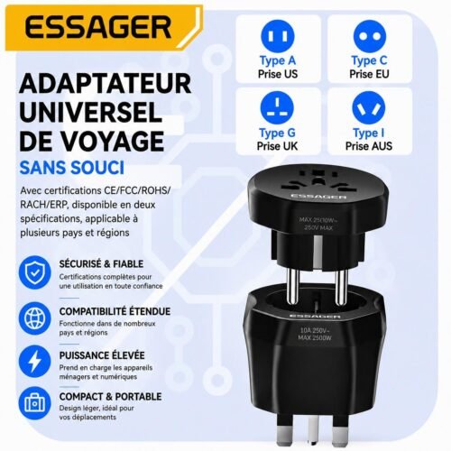Adaptateur de Voyage Universel 100-250V – Prise Internationale US EU UK AUS Compacte et Portable