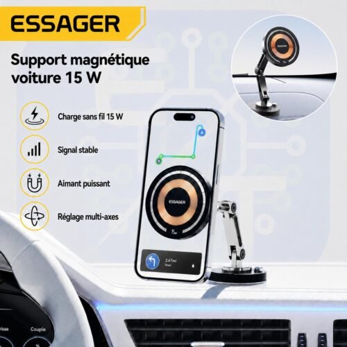 Support téléphone voiture magnétique 15W avec charge sans fil – Fixation puissante multi-axes