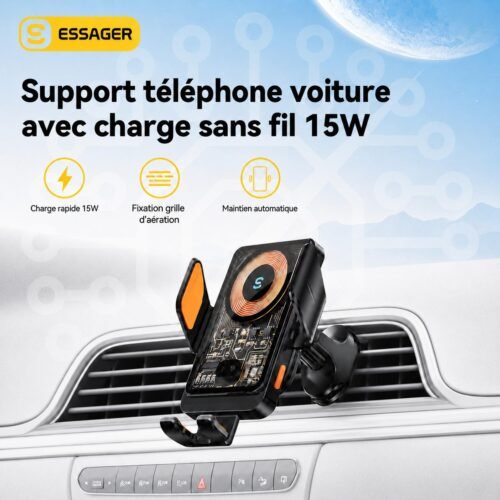 Support téléphone voiture avec charge sans fil 15W – Fixation automatique pour grille d’aération