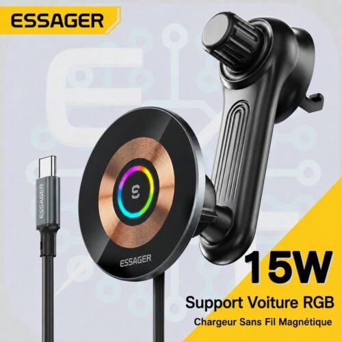 Support Téléphone Voiture Magnétique 15W avec Charge Sans Fil, Éclairage RGB et Bras Réglable