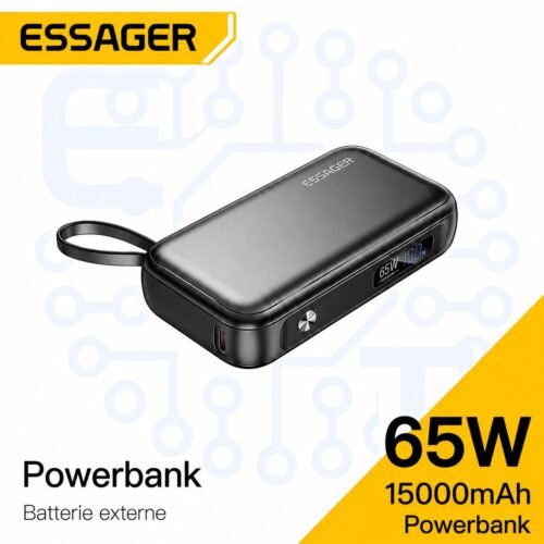 Powerbank 15000 mAh 65W avec Câble USB-C Intégré, Écran Numérique et Charge Rapide Multi-Appareils