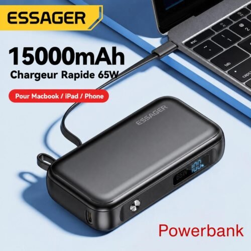Powerbank 15000 mAh 65W avec Câble USB-C Intégré, Écran Numérique et Charge Rapide Multi-Appareils