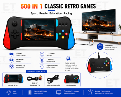 Console de Jeux Portable Rétro 500 en 1 – Écran 3,5” HD, Double Joueur, Connexion TV AV