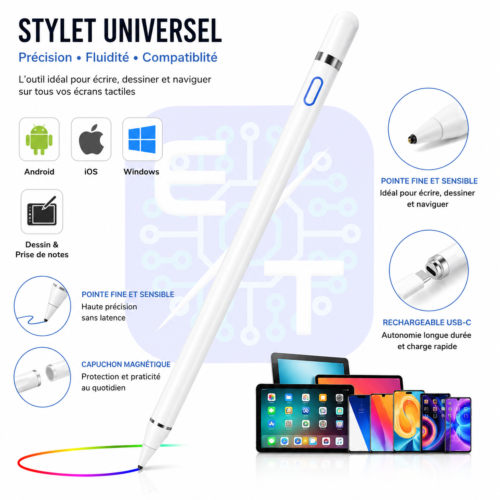 Stylet Tactile Universel Rechargeable USB-C – Pointe Fine Haute Précision Compatible Android, iPhone, iPad, Tablettes & Windows