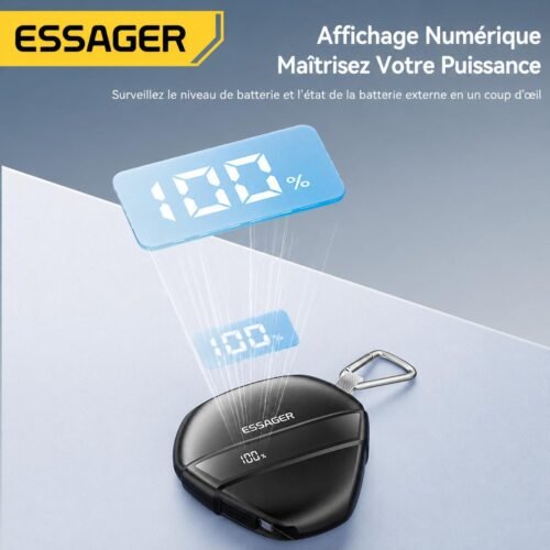 Power Bank 10000mAh 22,5W avec Câble USB-C Rétractable 70 cm, Écran Numérique, Lampe LED et Mousqueton