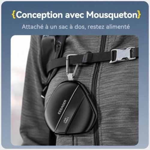 Power Bank 10000mAh 22,5W avec Câble USB-C Rétractable 70 cm, Écran Numérique, Lampe LED et Mousqueton