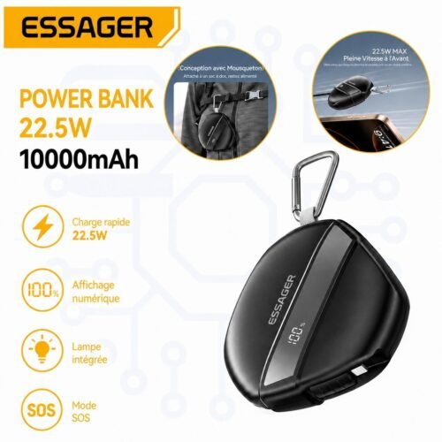 Power Bank 10000mAh 22,5W avec Câble USB-C Rétractable 70 cm, Écran Numérique, Lampe LED et Mousqueton