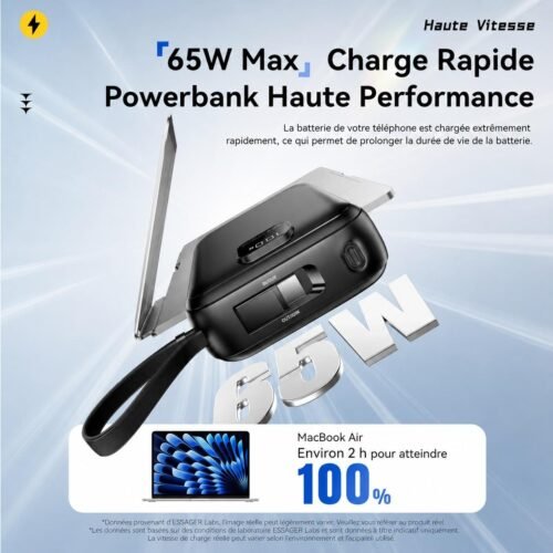 Power Bank 20000mAh 65W Charge Rapide avec Écran LED, Câbles Intégrés USB-C & Lightning