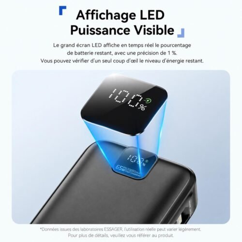 Power Bank 20000mAh 65W Charge Rapide avec Écran LED, Câbles Intégrés USB-C & Lightning