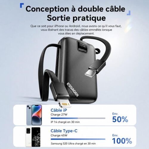 Power Bank 20000mAh 65W Charge Rapide avec Écran LED, Câbles Intégrés USB-C & Lightning