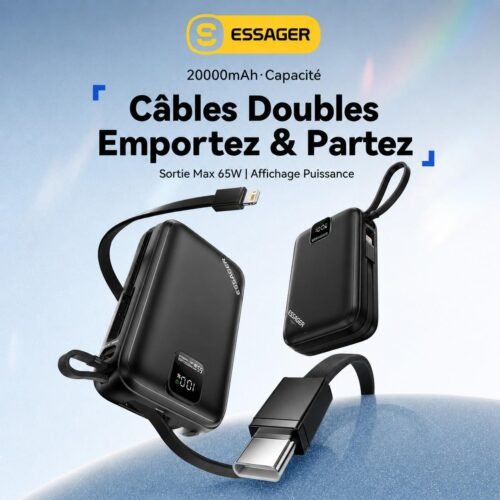 Power Bank 20000mAh 65W Charge Rapide avec Écran LED, Câbles Intégrés USB-C & Lightning