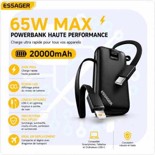Power Bank 20000mAh 65W Charge Rapide avec Écran LED, Câbles Intégrés USB-C & Lightning