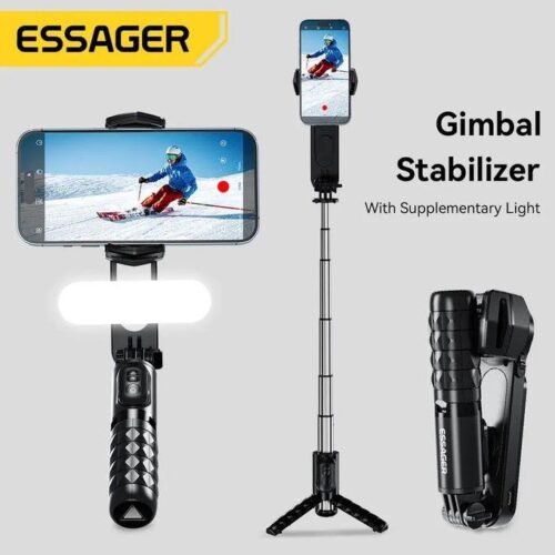 Stabilisateur Smartphone 3 Axes avec Perche Télescopique, Trépied, Télécommande Bluetooth et Lampe LED Amovible