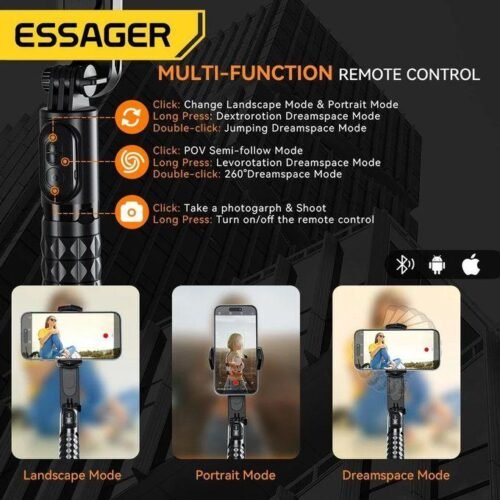 Stabilisateur Smartphone 3 Axes avec Perche Télescopique, Trépied, Télécommande Bluetooth et Lampe LED Amovible