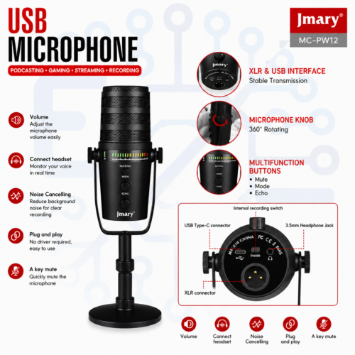 Microphone USB/XLR MC-PW12 – Double Connexion USB & XLR, Réduction de Bruit, Monitoring Casque, RGB et Plug & Play