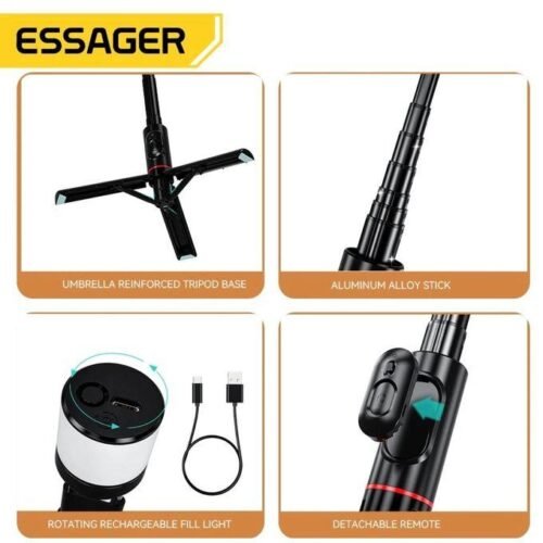 Perche à Selfie Bluetooth Extensible avec Trépied Intégré, Télécommande Sans Fil et Lampe LED Rechargeable