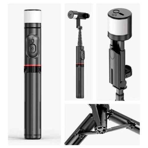 Perche à Selfie Bluetooth Extensible avec Trépied Intégré, Télécommande Sans Fil et Lampe LED Rechargeable