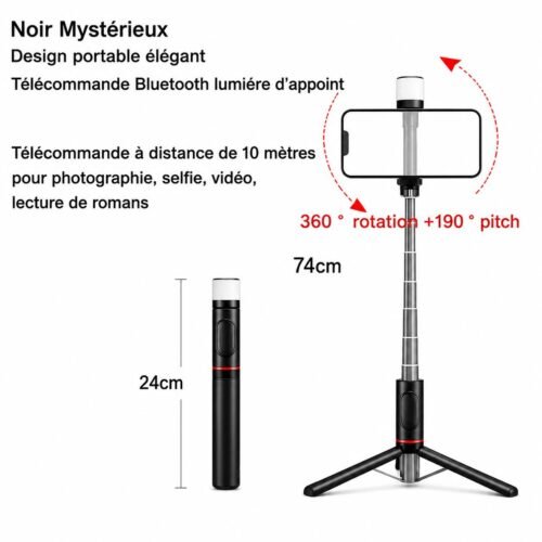 Perche à Selfie Bluetooth Extensible avec Trépied Intégré, Télécommande Sans Fil et Lampe LED Rechargeable