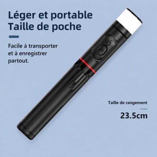Perche à Selfie Bluetooth Extensible avec Trépied Intégré, Télécommande Sans Fil et Lampe LED Rechargeable