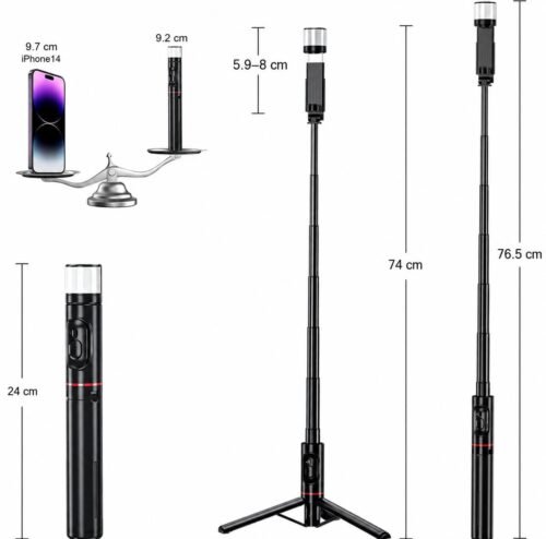 Perche à Selfie Bluetooth Extensible avec Trépied Intégré, Télécommande Sans Fil et Lampe LED Rechargeable
