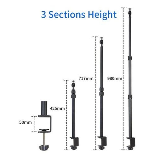Support de Bureau Réglable pour Smartphone, Caméra & Éclairage LED – Rotation 360° – Extensible 42,5 à 98 cm – Filetage Universel 1/4