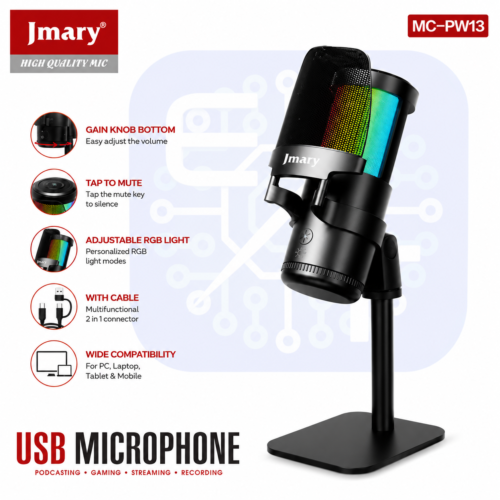 Microphone USB RGB pour PC & Mobile avec Réglage du Gain, Touche Mute et Connexion USB/Type-C – MC-PW13